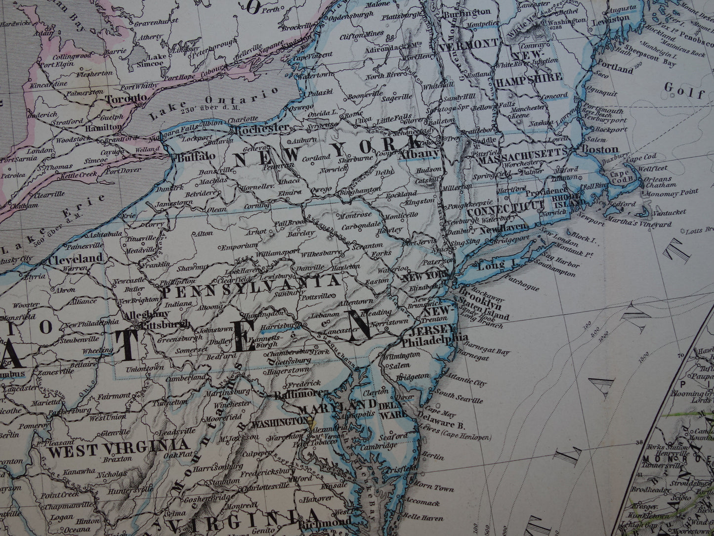 New Jersey Long Island Antieke kaart van de VS uit 1884 originele oude landkaart New York Connecticut Verenigde Staten