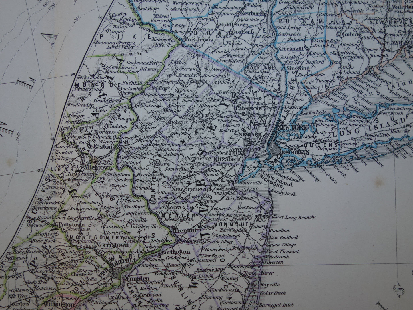 New Jersey Long Island Antieke kaart van de VS uit 1884 originele oude landkaart New York Connecticut Verenigde Staten