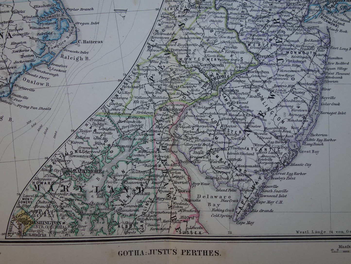 New Jersey Long Island Antieke kaart van de VS uit 1884 originele oude landkaart New York Connecticut Verenigde Staten