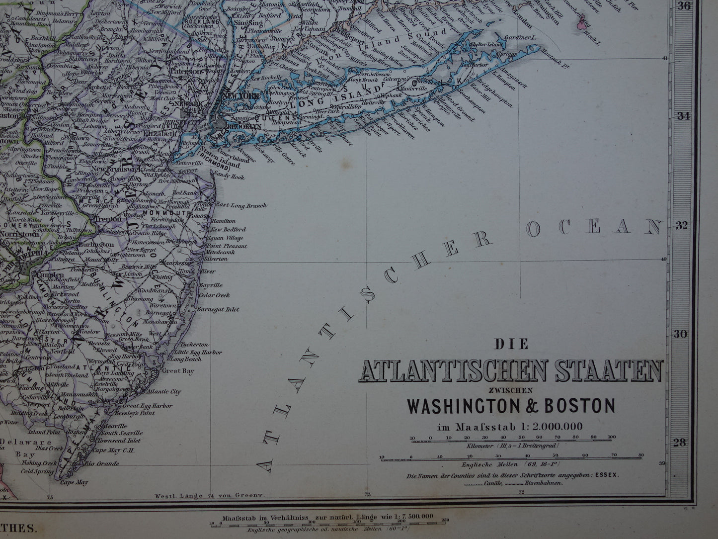 New Jersey Long Island Antieke kaart van de VS uit 1884 originele oude landkaart New York Connecticut Verenigde Staten