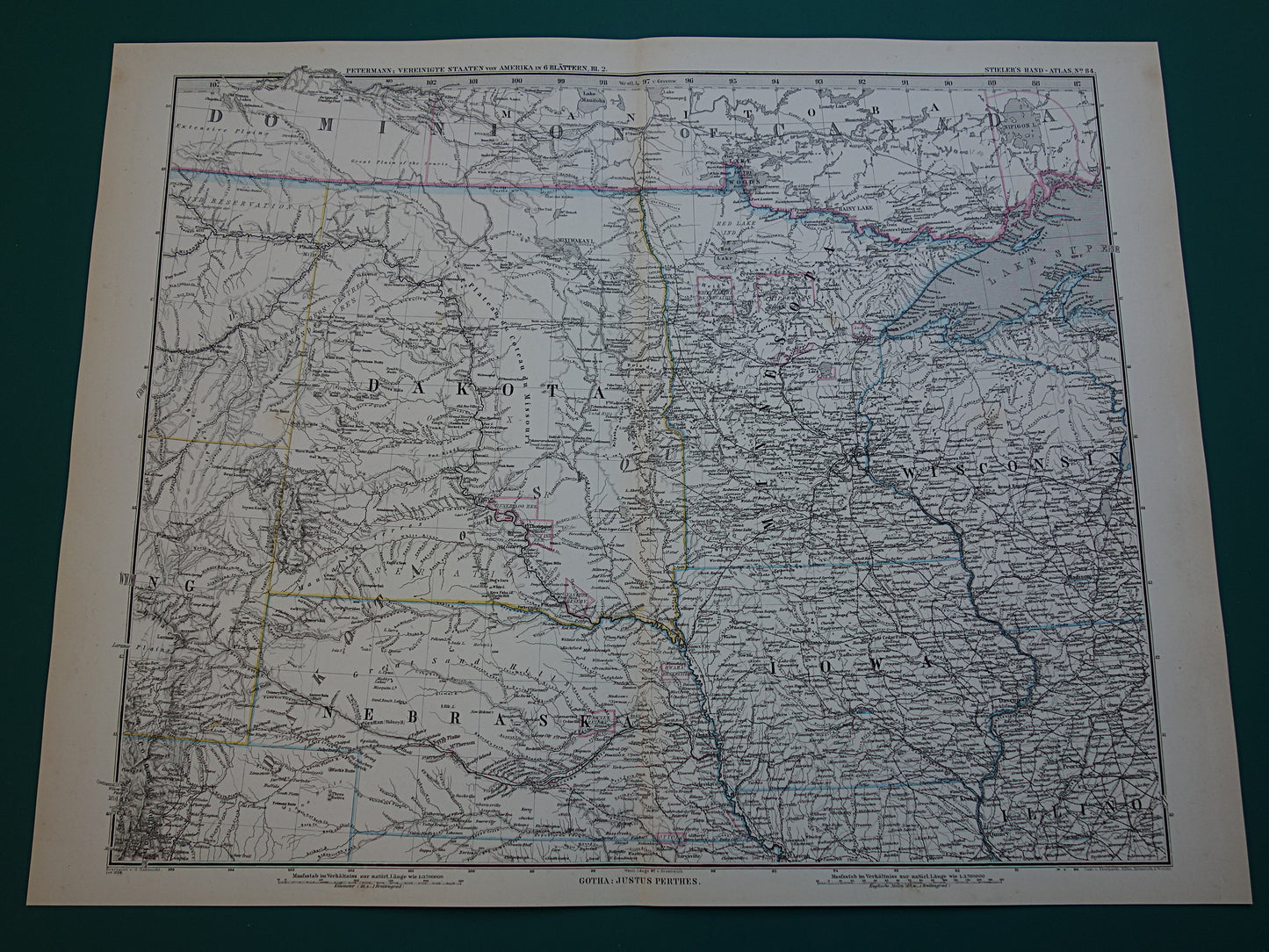 MINNESOTA IOWA Antieke kaart van de VS uit 1884 originele oude landkaart Wisconsin Dakota Nebraska Verenigde Staten