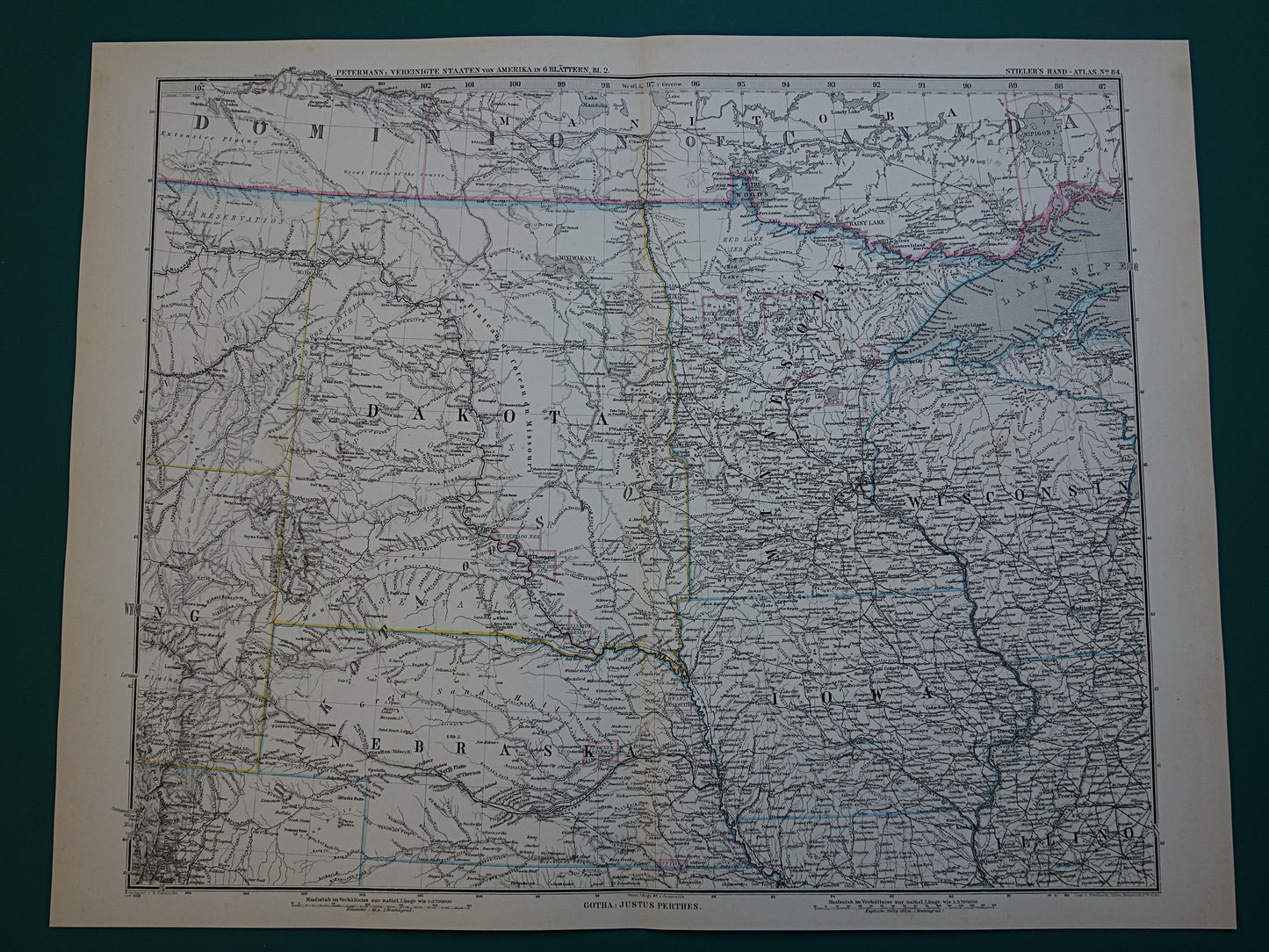 MINNESOTA IOWA Antieke kaart van de VS uit 1884 originele oude landkaart Wisconsin Dakota Nebraska Verenigde Staten