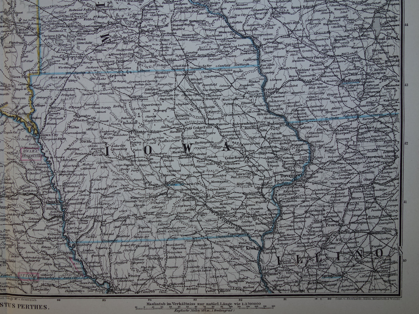 MINNESOTA IOWA Antieke kaart van de VS uit 1884 originele oude landkaart Wisconsin Dakota Nebraska Verenigde Staten