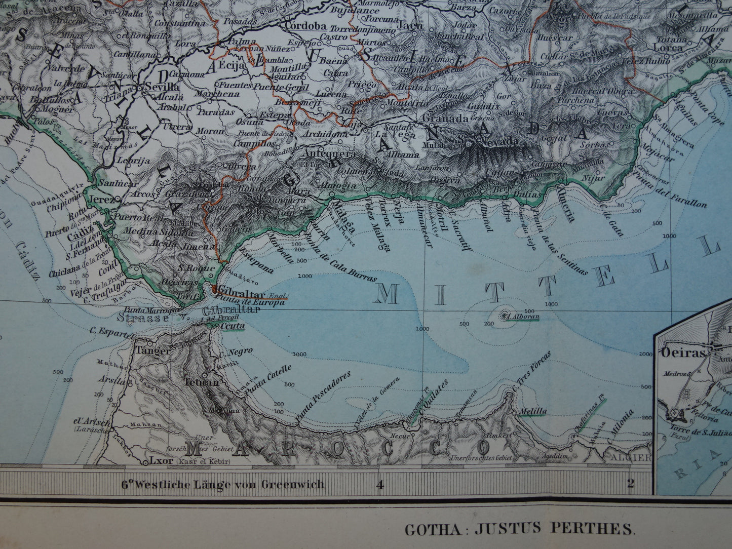 Vintage landkaart van Spanje en Portugal uit 1884 Originele handgekleurde antieke kaart met jaartal Oude kaarten