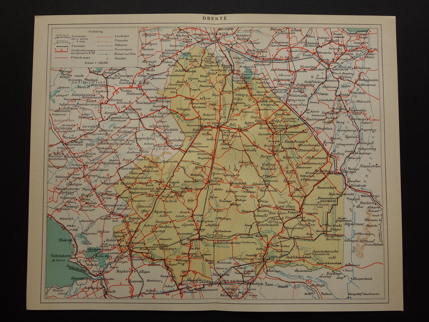 Drenthe Oude kaart van de provincie Drenthe uit 1934 originele vintage historische landkaart
