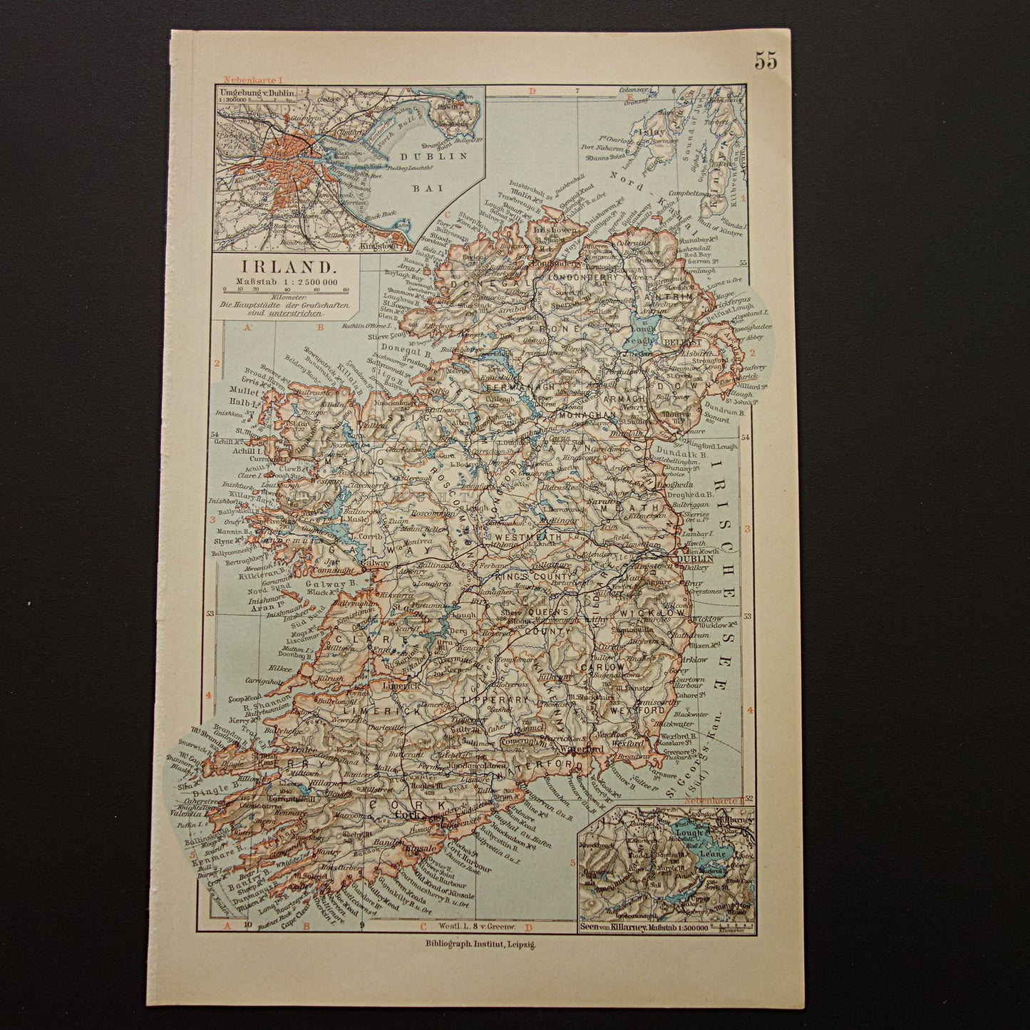 IERLAND oude kaart van Ierland 1905 originele antieke Duitse landkaart van Dublin Killarney