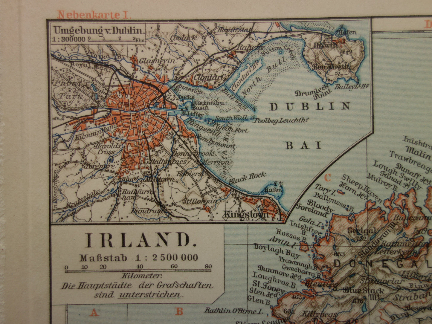 IERLAND oude kaart van Ierland 1905 originele antieke Duitse landkaart van Dublin Killarney
