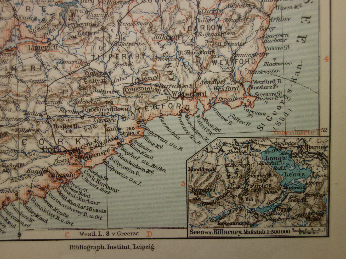 IERLAND oude kaart van Ierland 1905 originele antieke Duitse landkaart van Dublin Killarney