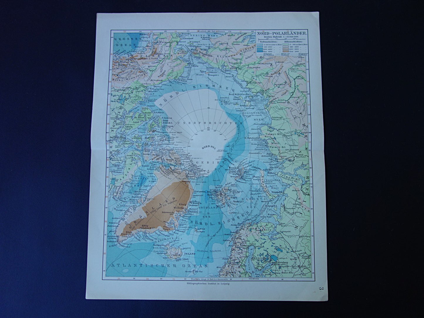 NOORDPOOL oude kaart van het Noordpoolgebied 1905 originele antieke Duitse landkaart van de Arctische regio Groenland Spitsbergen