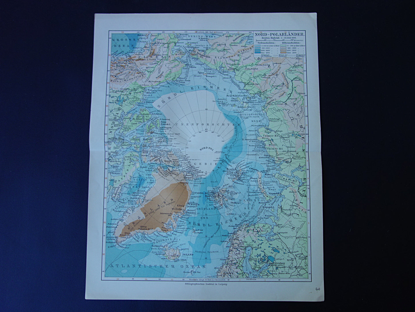 NOORDPOOL oude kaart van het Noordpoolgebied 1905 originele antieke Duitse landkaart van de Arctische regio Groenland Spitsbergen