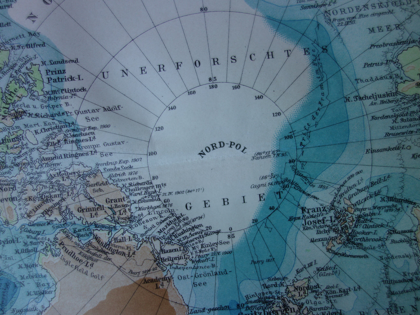 NOORDPOOL oude kaart van het Noordpoolgebied 1905 originele antieke Duitse landkaart van de Arctische regio Groenland Spitsbergen