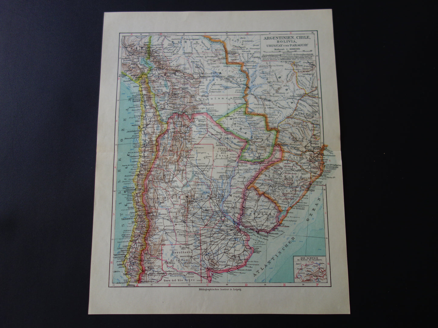 ZUID-AMERIKA oude landkaart van Argentinië Chili Uruguay gedetailleerde vintage kaart uit 1928 Paraguay Bolivia
