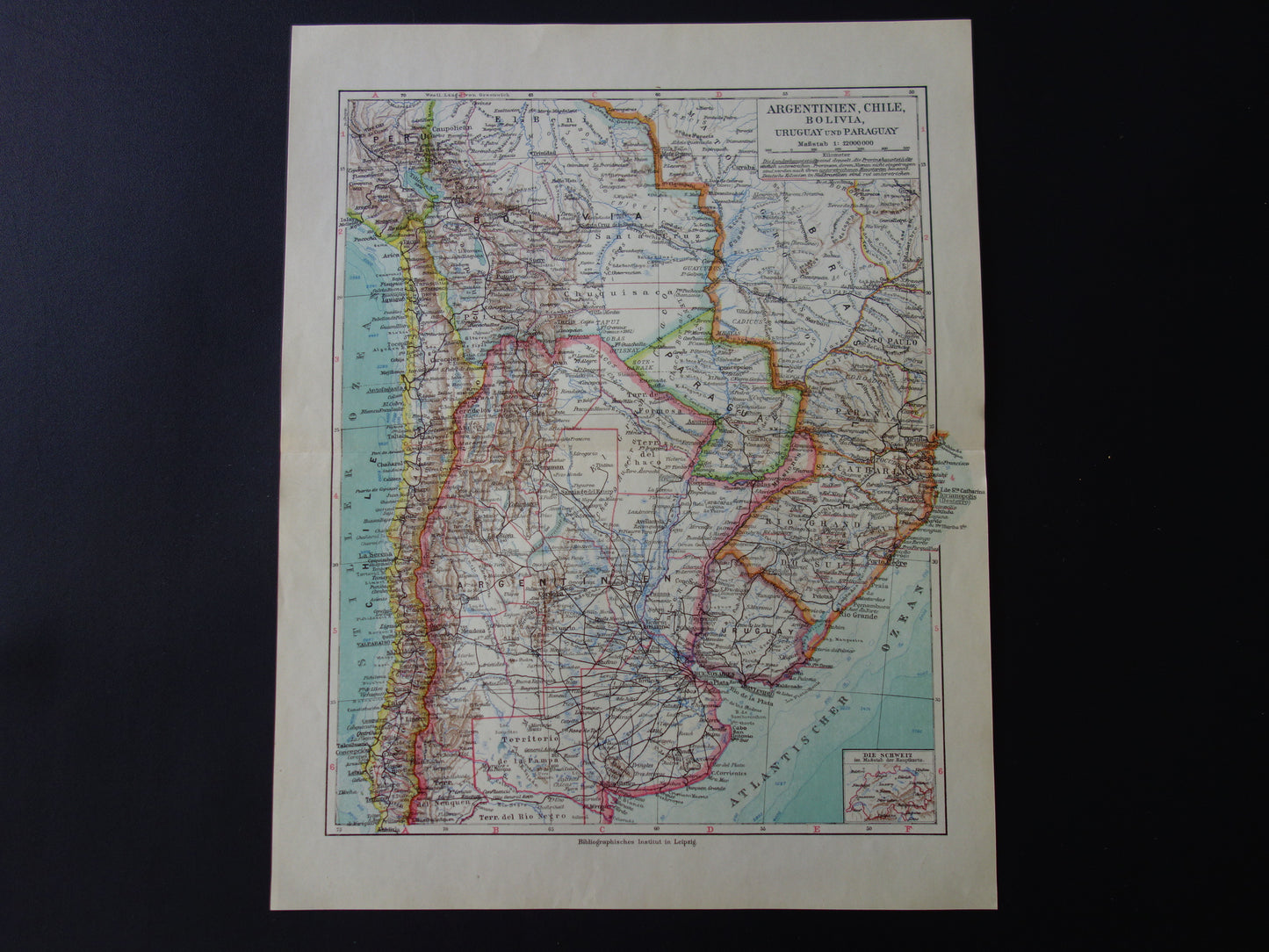 ZUID-AMERIKA oude landkaart van Argentinië Chili Uruguay gedetailleerde vintage kaart uit 1928 Paraguay Bolivia