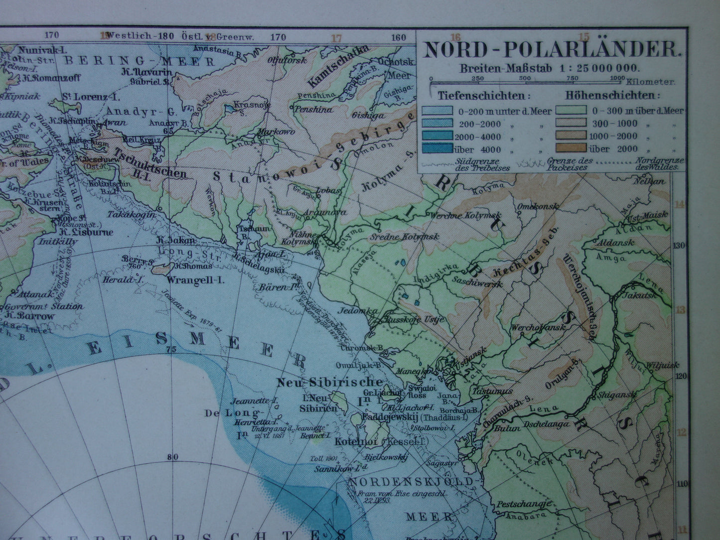 NOORDPOOL oude kaart van het Noordpoolgebied 1905 originele antieke Duitse landkaart van de Arctische regio Groenland Spitsbergen