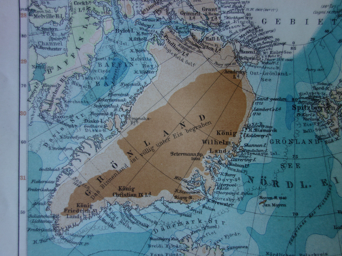 NOORDPOOL oude kaart van het Noordpoolgebied 1905 originele antieke Duitse landkaart van de Arctische regio Groenland Spitsbergen