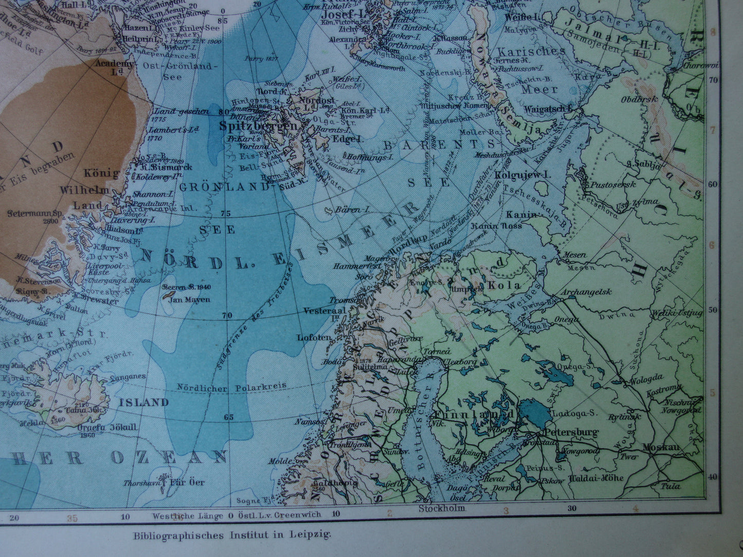 NOORDPOOL oude kaart van het Noordpoolgebied 1905 originele antieke Duitse landkaart van de Arctische regio Groenland Spitsbergen