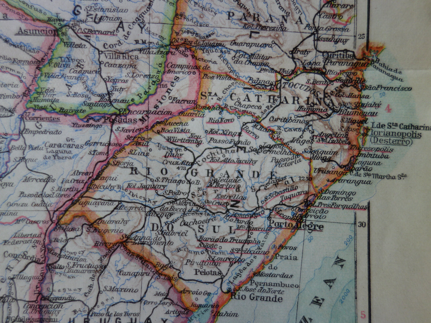 ZUID-AMERIKA oude landkaart van Argentinië Chili Uruguay gedetailleerde vintage kaart uit 1928 Paraguay Bolivia