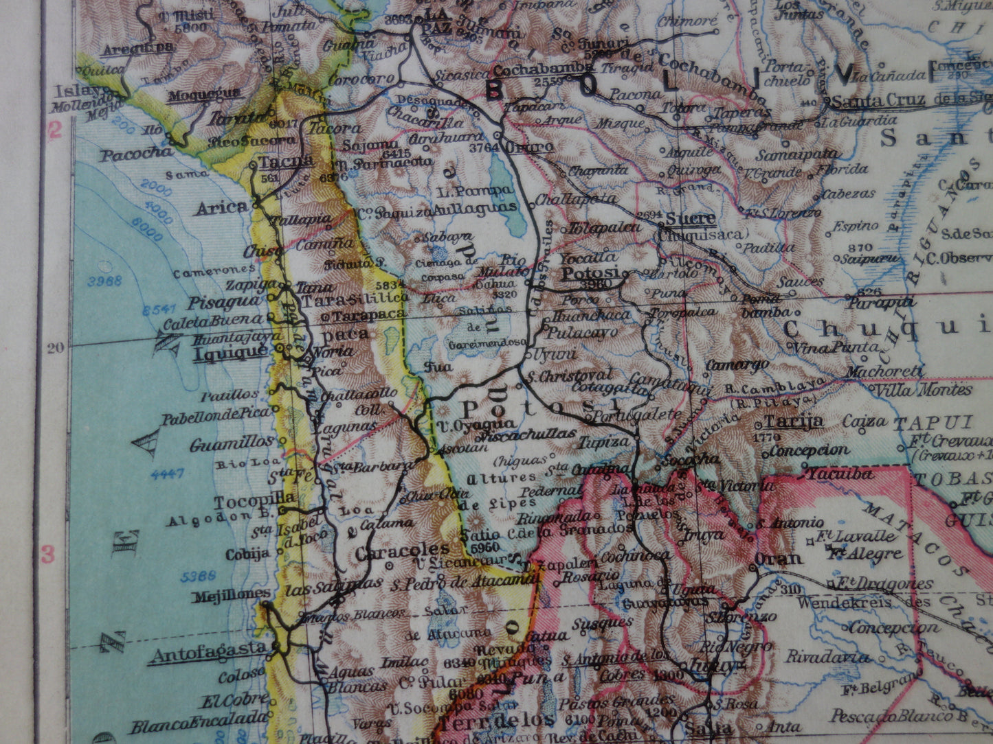ZUID-AMERIKA oude landkaart van Argentinië Chili Uruguay gedetailleerde vintage kaart uit 1928 Paraguay Bolivia