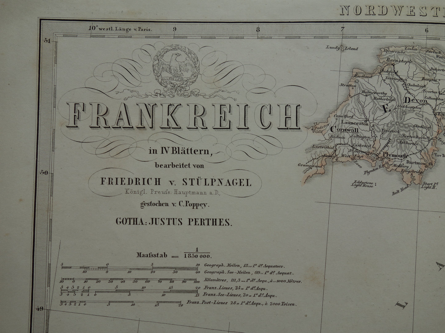zeer grote origineel antieke landkaart van Frankrijk
