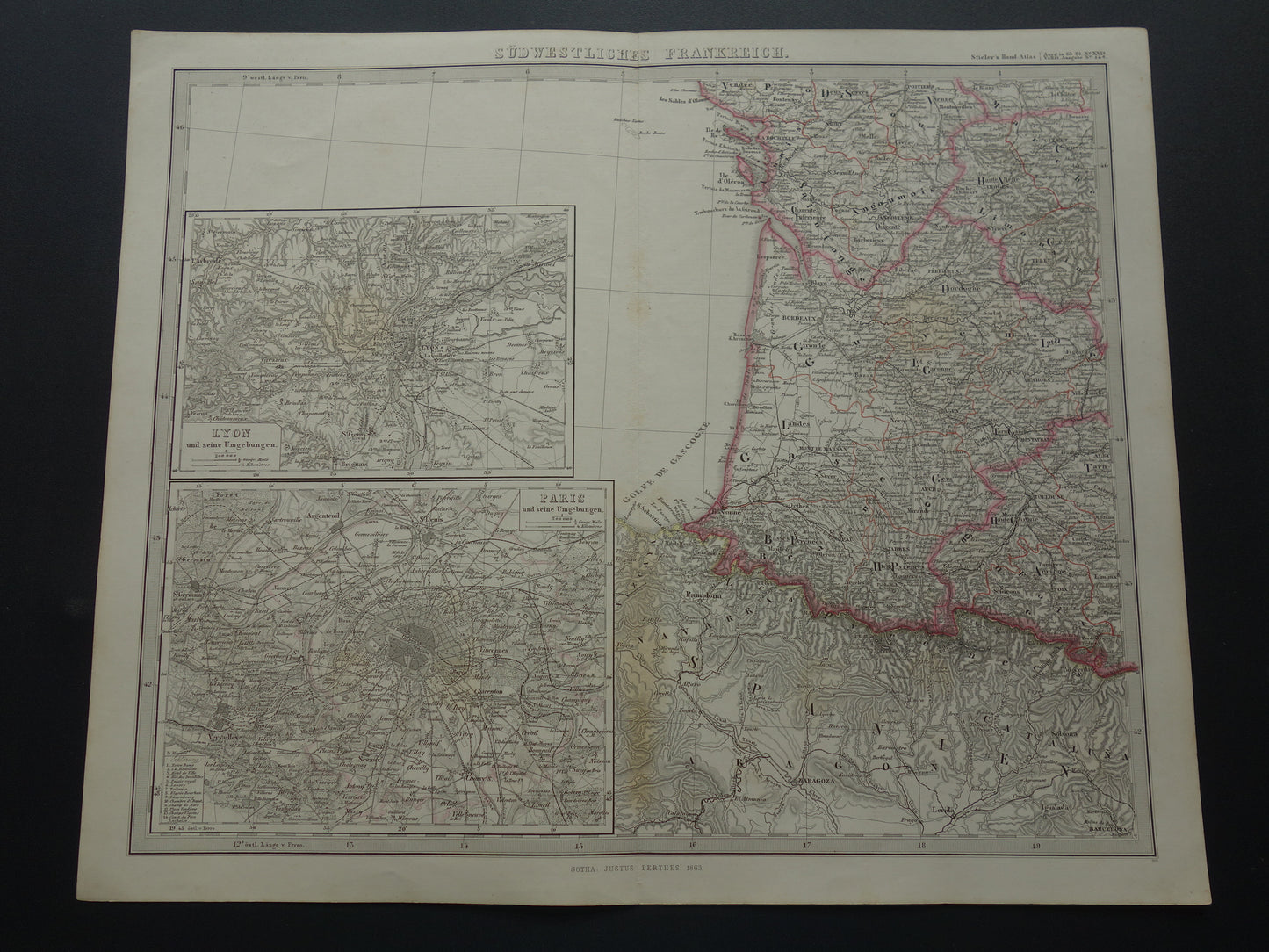 FRANKRIJK Grote oude kaart van Frankrijk 1863 originele antieke landkaart poster 74x89 cm met jaartal
