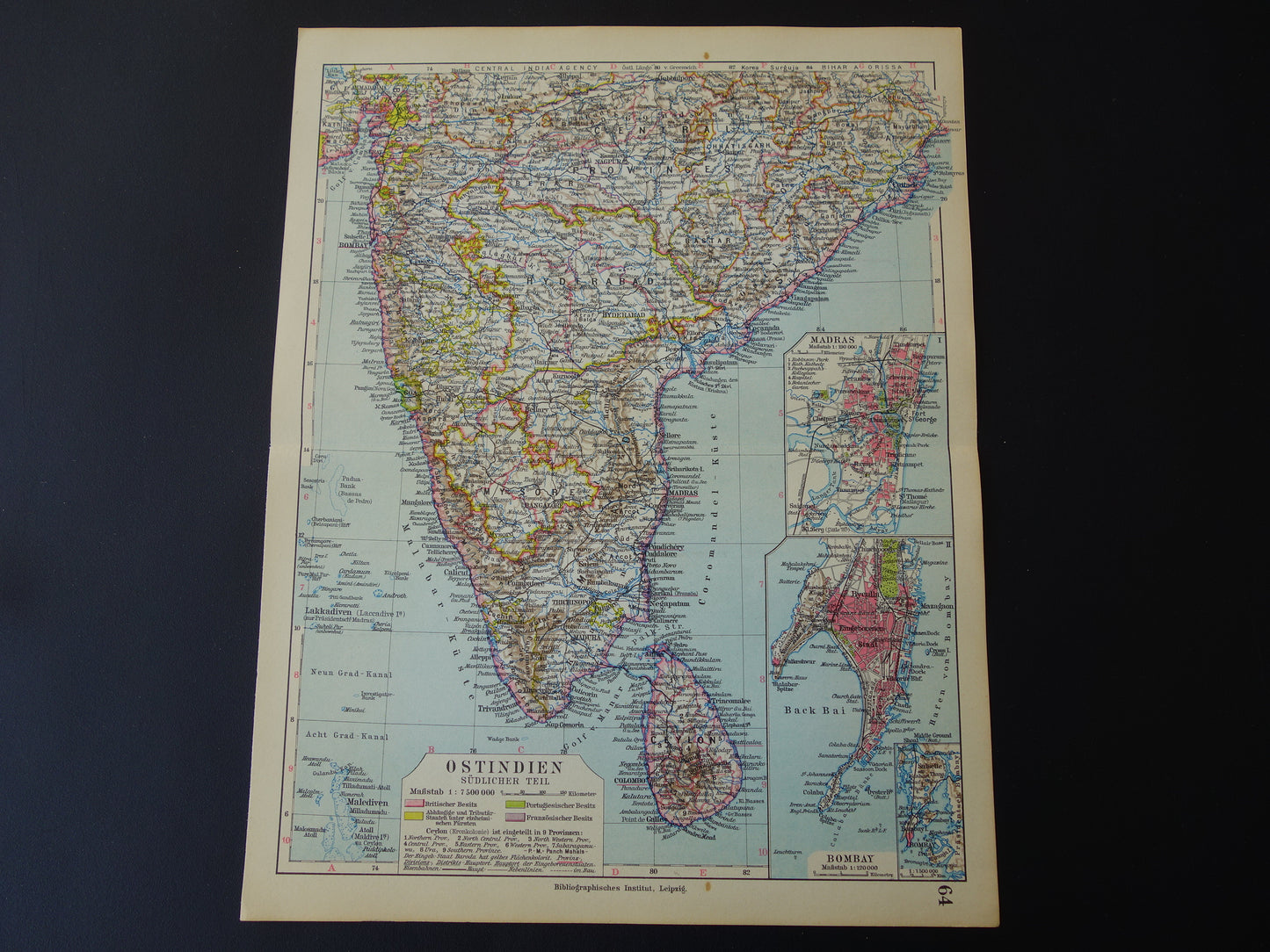 Oude landkaart van India in 1928 originele historische kaart van India met plattegrond Madras Bombay Mumbai