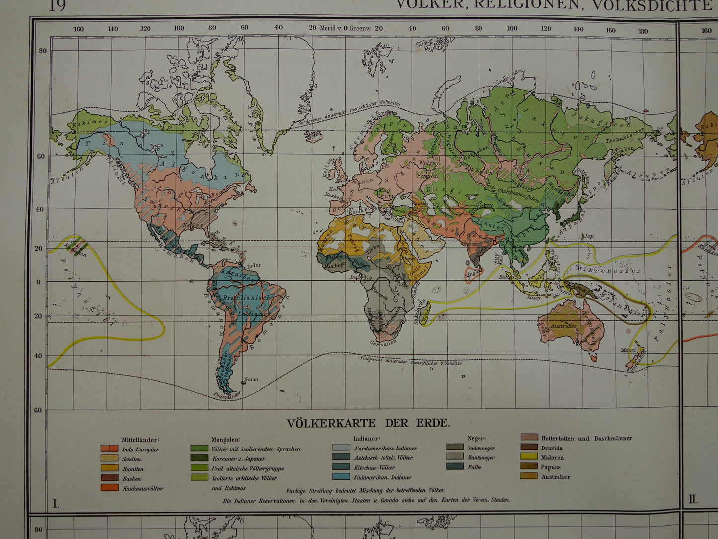 Vintage Wereldkaart van Religies Bevolkingsdichtheid Volkeren en Economie uit 1910 originele oude antieke kaart