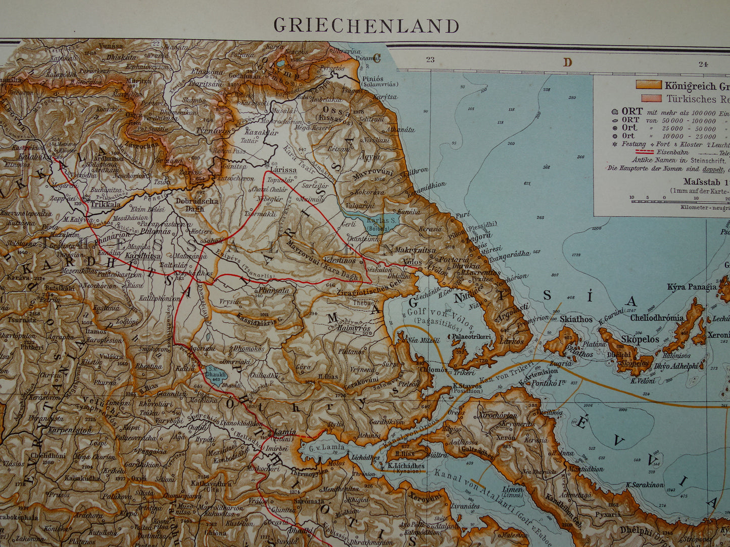 Oude landkaart van Griekenland uit 1910 originele antieke historische kaart Athene