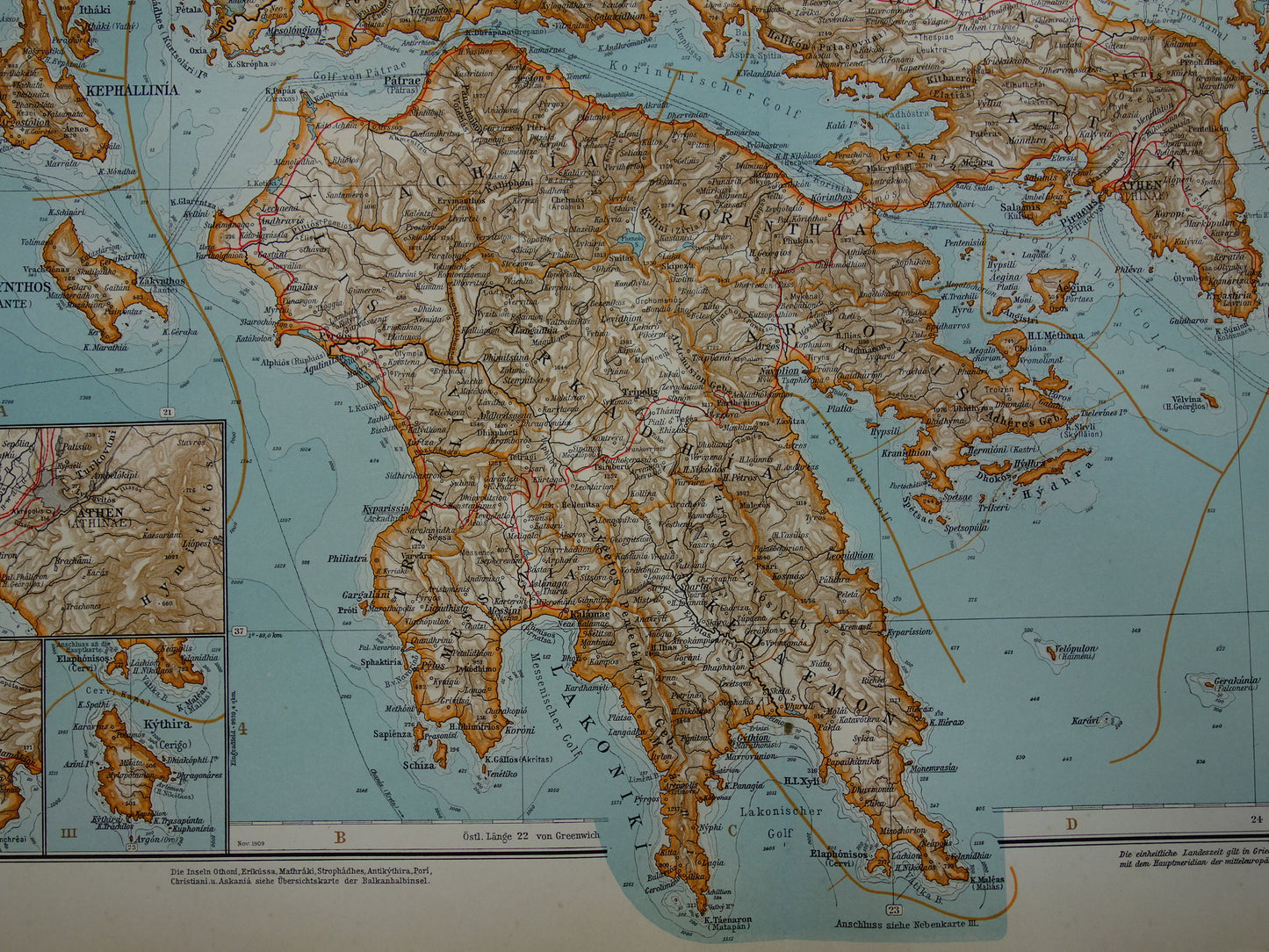 Oude landkaart van Griekenland uit 1910 originele antieke historische kaart Athene