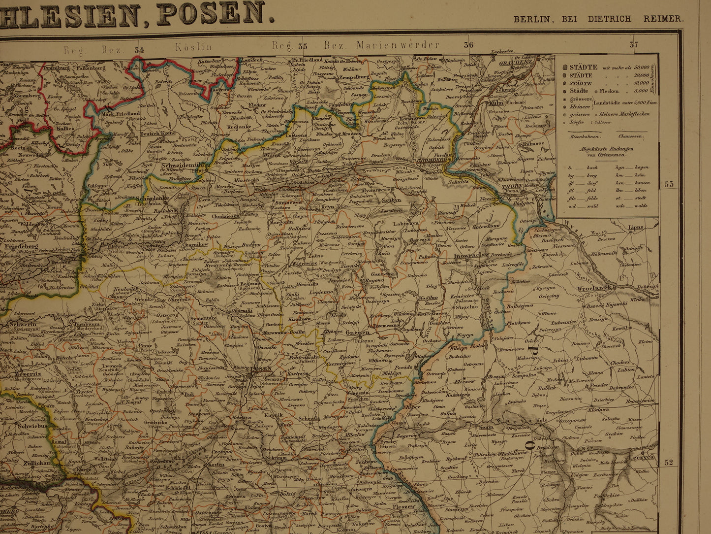 Große alte Karte von Brandenburg, Posen, Schlesien. Originale antike Karte von 1859. Deutschland und Polen, Berlin, Breslau, Posen, Dresden.