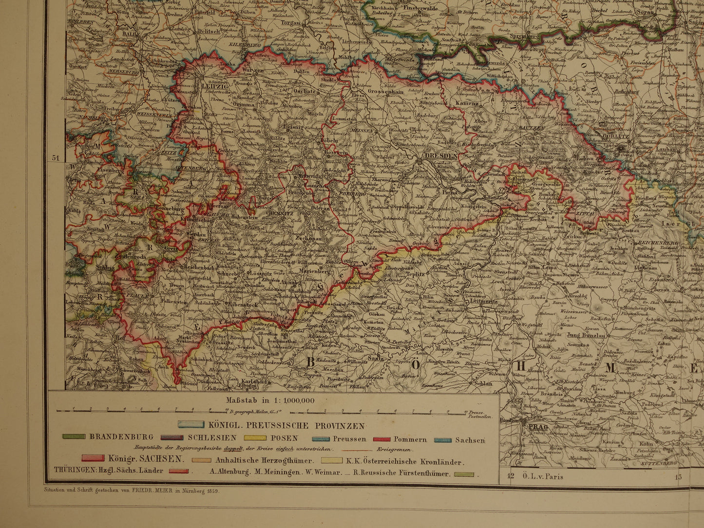 Große alte Karte von Brandenburg, Posen, Schlesien. Originale antike Karte von 1859. Deutschland und Polen, Berlin, Breslau, Posen, Dresden.