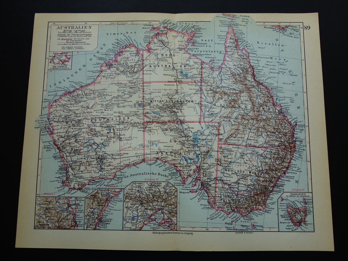 Oude kaart Australië 1928 originele vintage kaart Tasmanië Brisbane Sydney Melbourne te koop