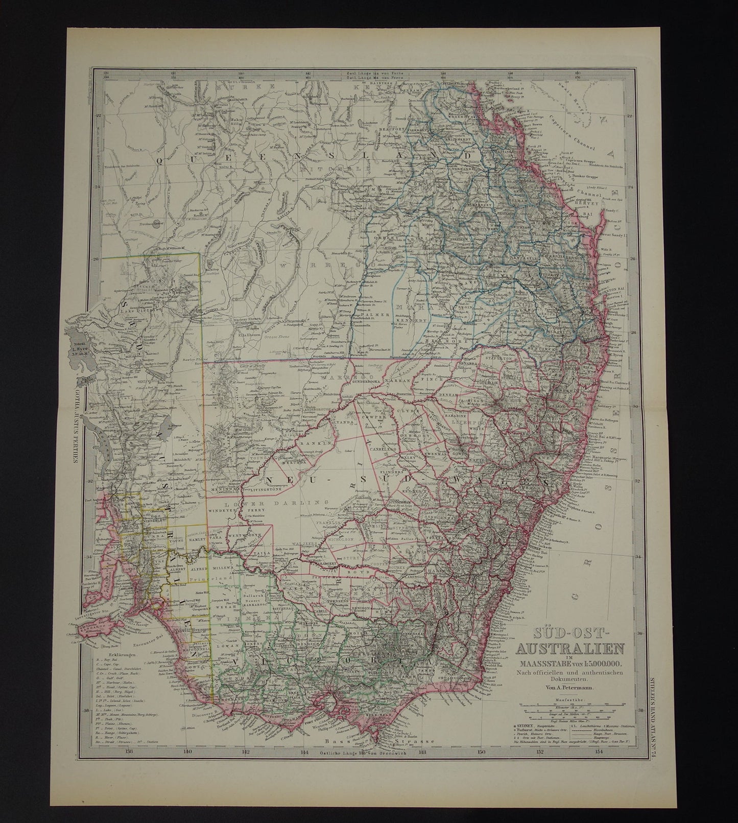 AUSTRALIE oude kaart van Zuid-Oost Australië 1886 originele antieke Duitse handgekleurde landkaart poster met jaartal