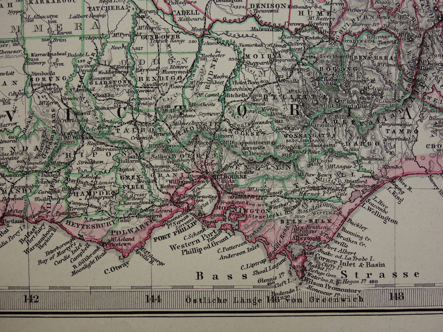 AUSTRALIE oude kaart van Zuid-Oost Australië 1886 originele antieke Duitse handgekleurde landkaart poster met jaartal