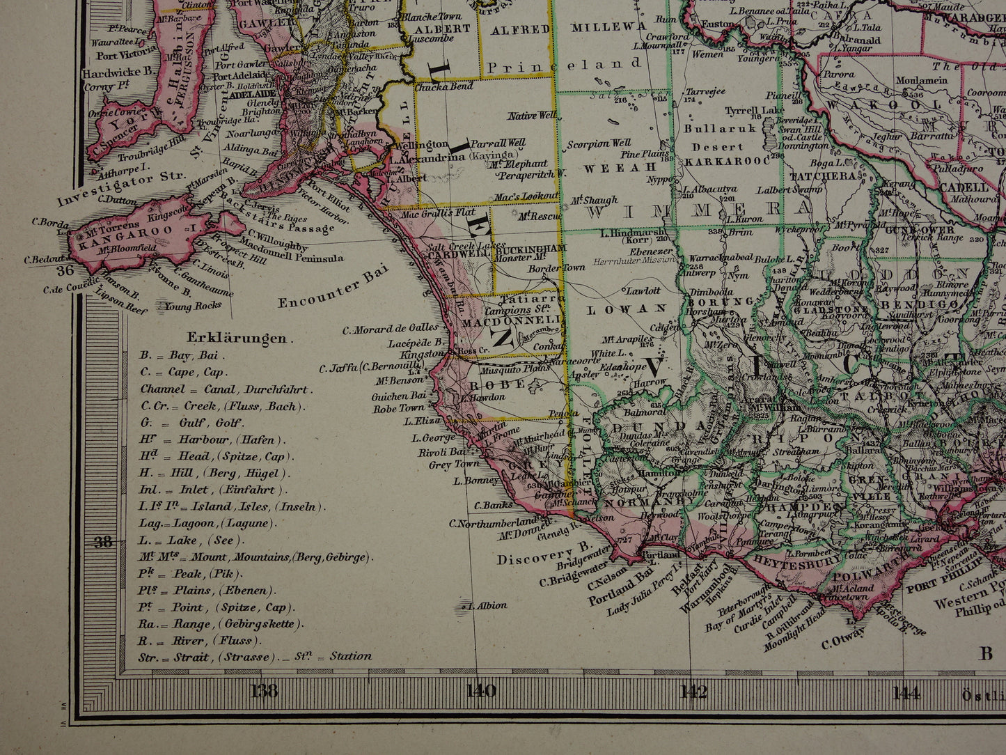 AUSTRALIE oude kaart van Zuid-Oost Australië 1886 originele antieke Duitse handgekleurde landkaart poster met jaartal