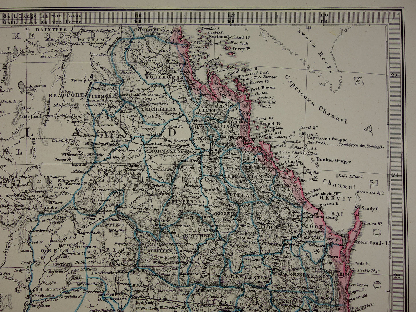 AUSTRALIE oude kaart van Zuid-Oost Australië 1886 originele antieke Duitse handgekleurde landkaart poster met jaartal