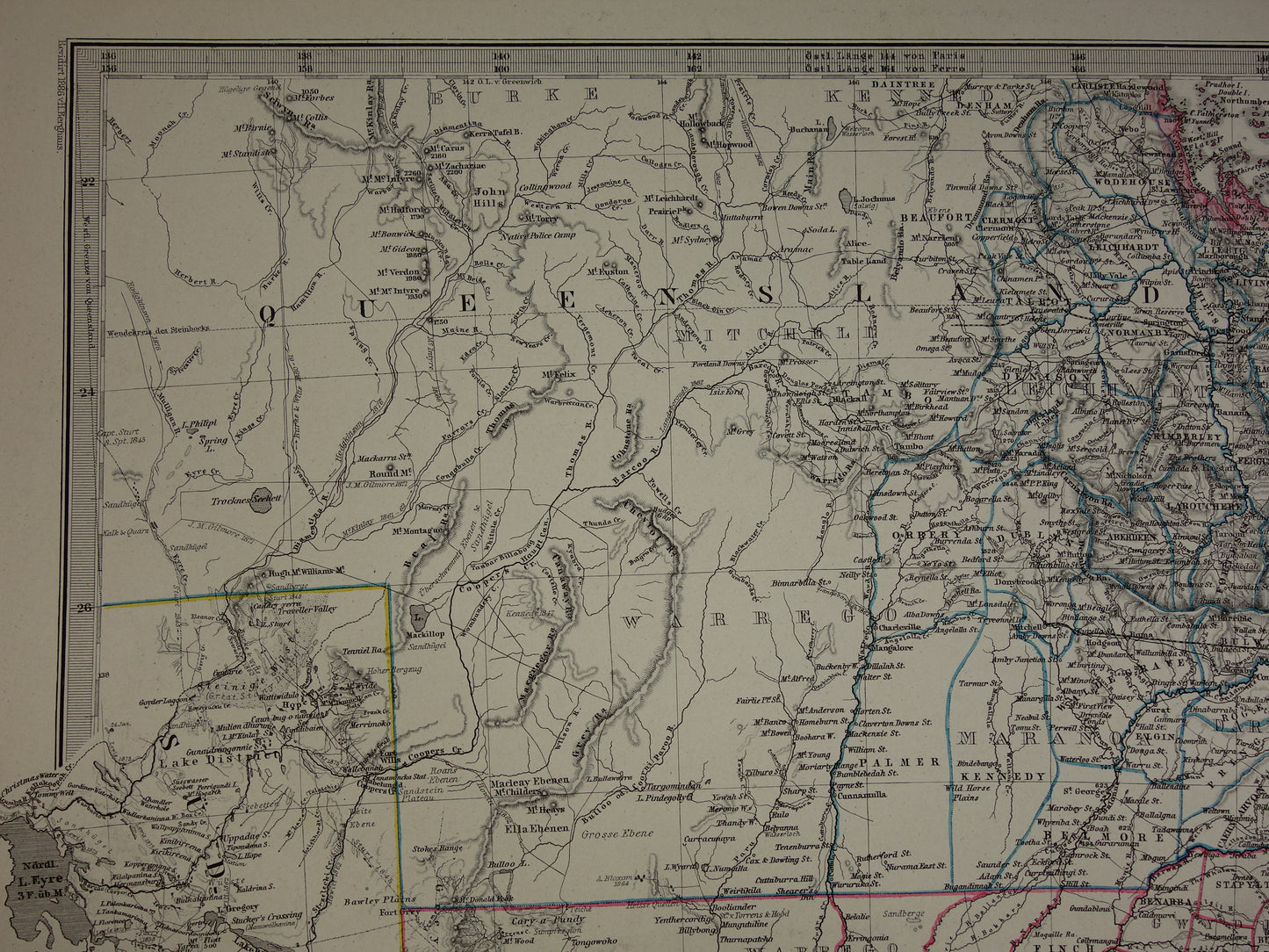AUSTRALIE oude kaart van Zuid-Oost Australië 1886 originele antieke Duitse handgekleurde landkaart poster met jaartal