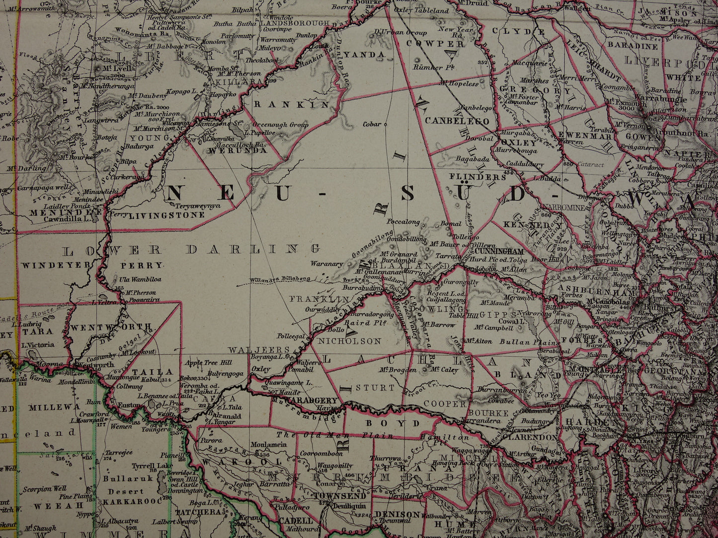 AUSTRALIE oude kaart van Zuid-Oost Australië 1886 originele antieke Duitse handgekleurde landkaart poster met jaartal