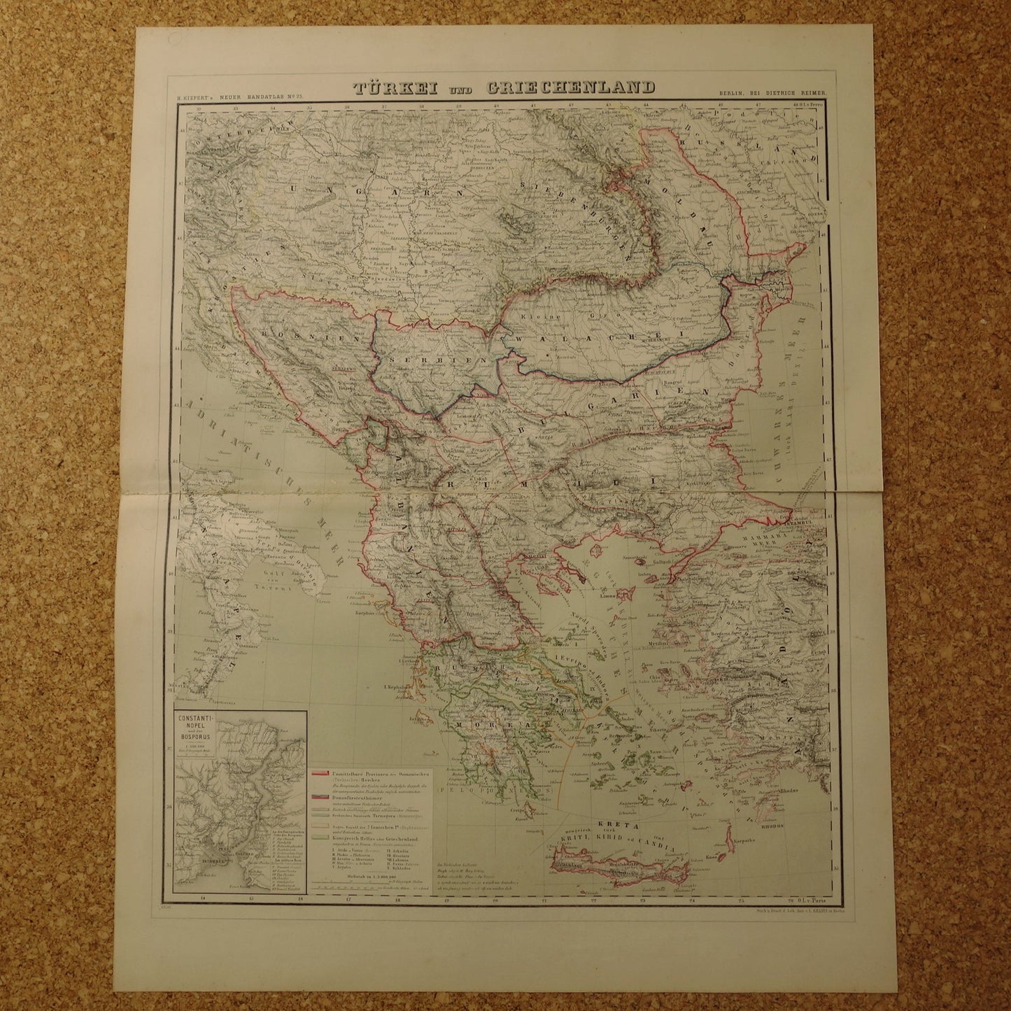 Grote Oude landkaart van de Balkan in 1856 met schade - Antieke kaart Europees Turkije Servië Griekenland handgekleurde vintage landkaarten