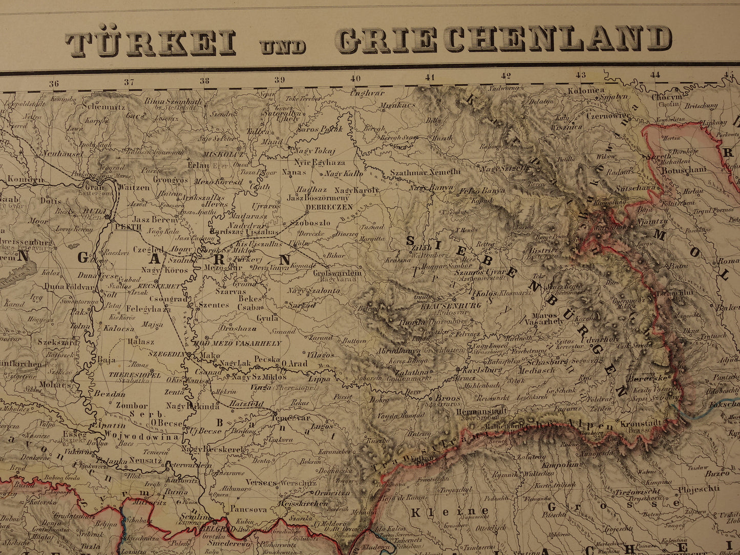 Grote Oude landkaart van de Balkan in 1856 met schade - Antieke kaart Europees Turkije Servië Griekenland handgekleurde vintage landkaarten