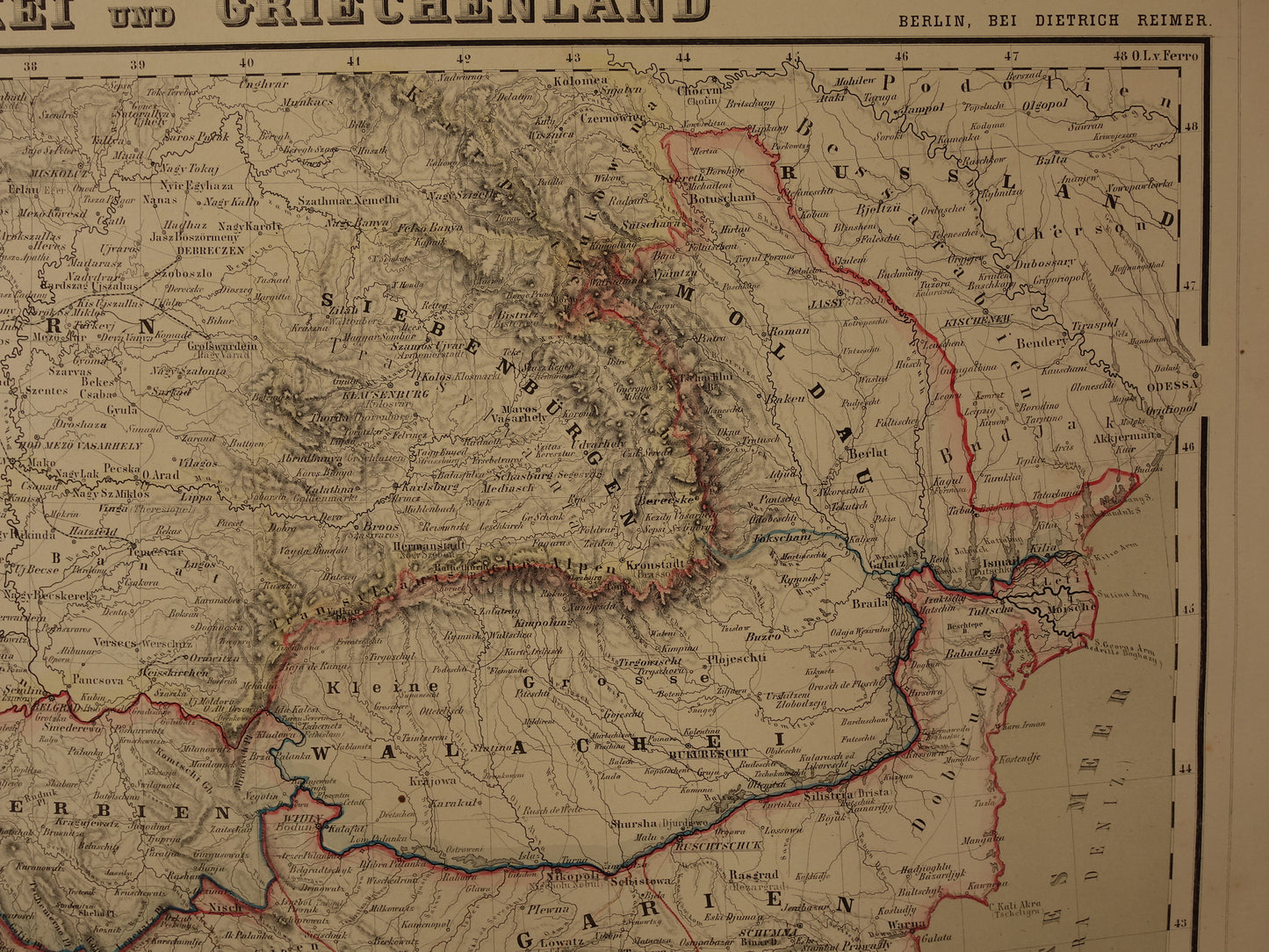 Grote Oude landkaart van de Balkan in 1856 met schade - Antieke kaart Europees Turkije Servië Griekenland handgekleurde vintage landkaarten