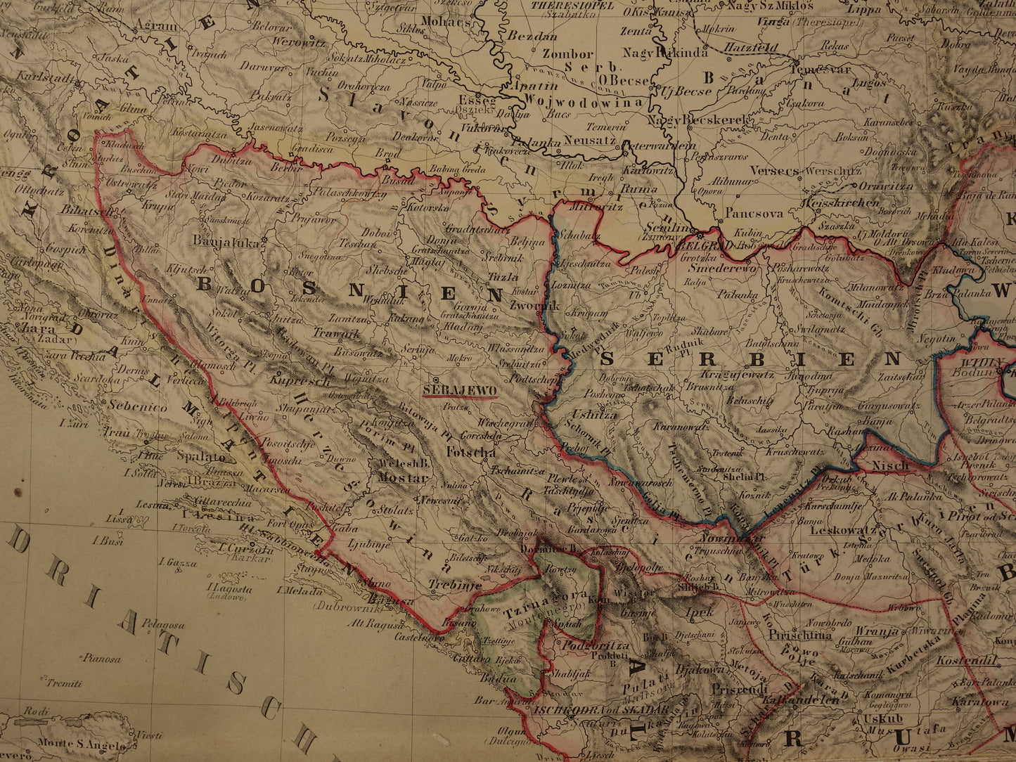 Grote Oude landkaart van de Balkan in 1856 met schade - Antieke kaart Europees Turkije Servië Griekenland handgekleurde vintage landkaarten
