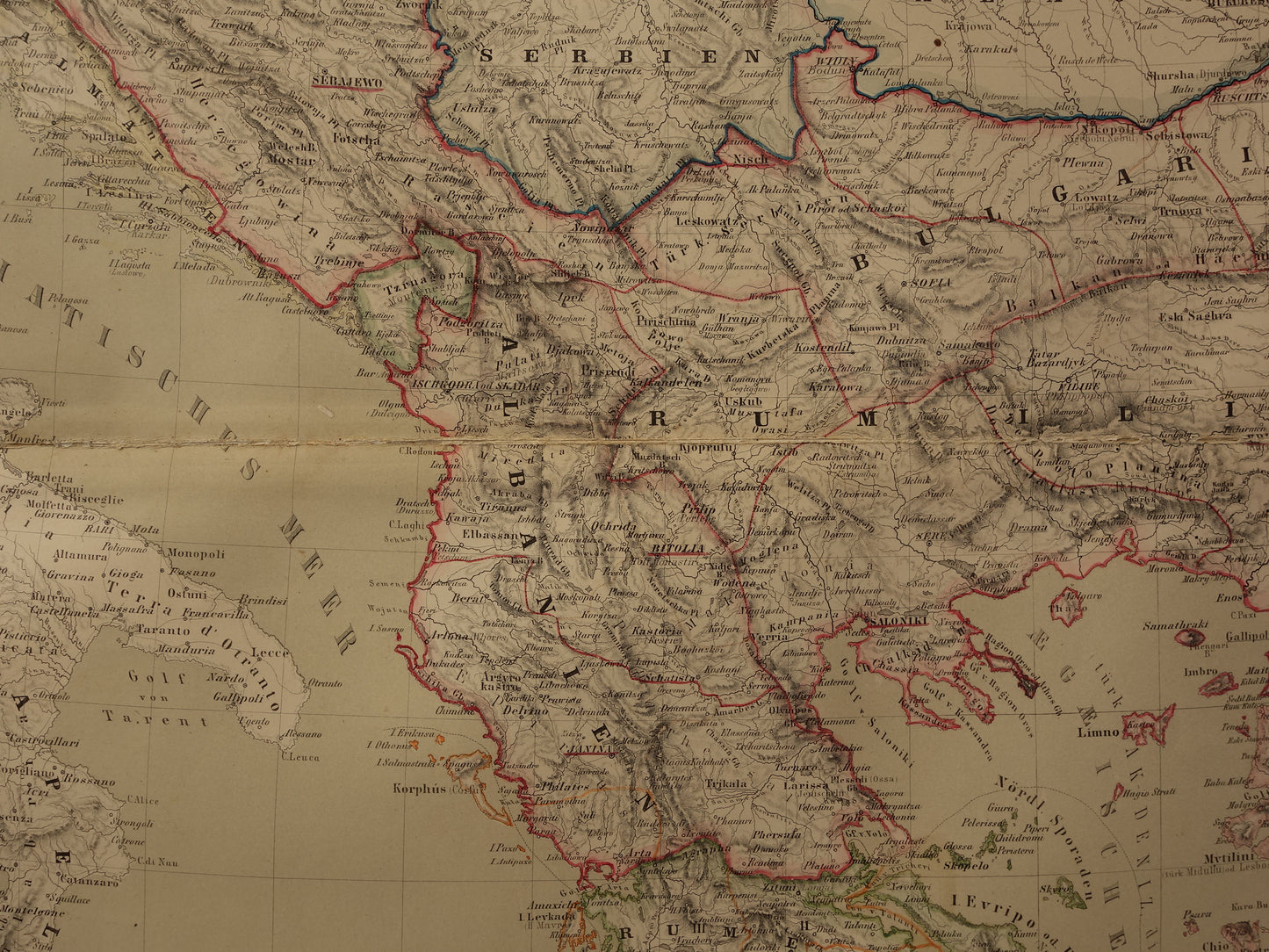 Grote Oude landkaart van de Balkan in 1856 met schade - Antieke kaart Europees Turkije Servië Griekenland handgekleurde vintage landkaarten