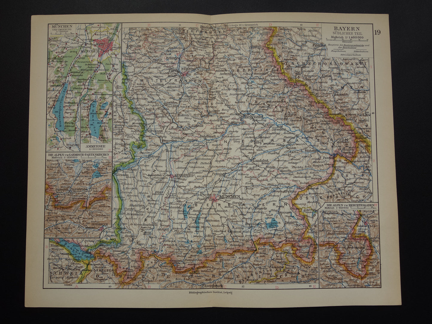 DUITSLAND oude landkaart van Beieren 1928 originele vintage Duitse kaart München Augsburg Nürnburg