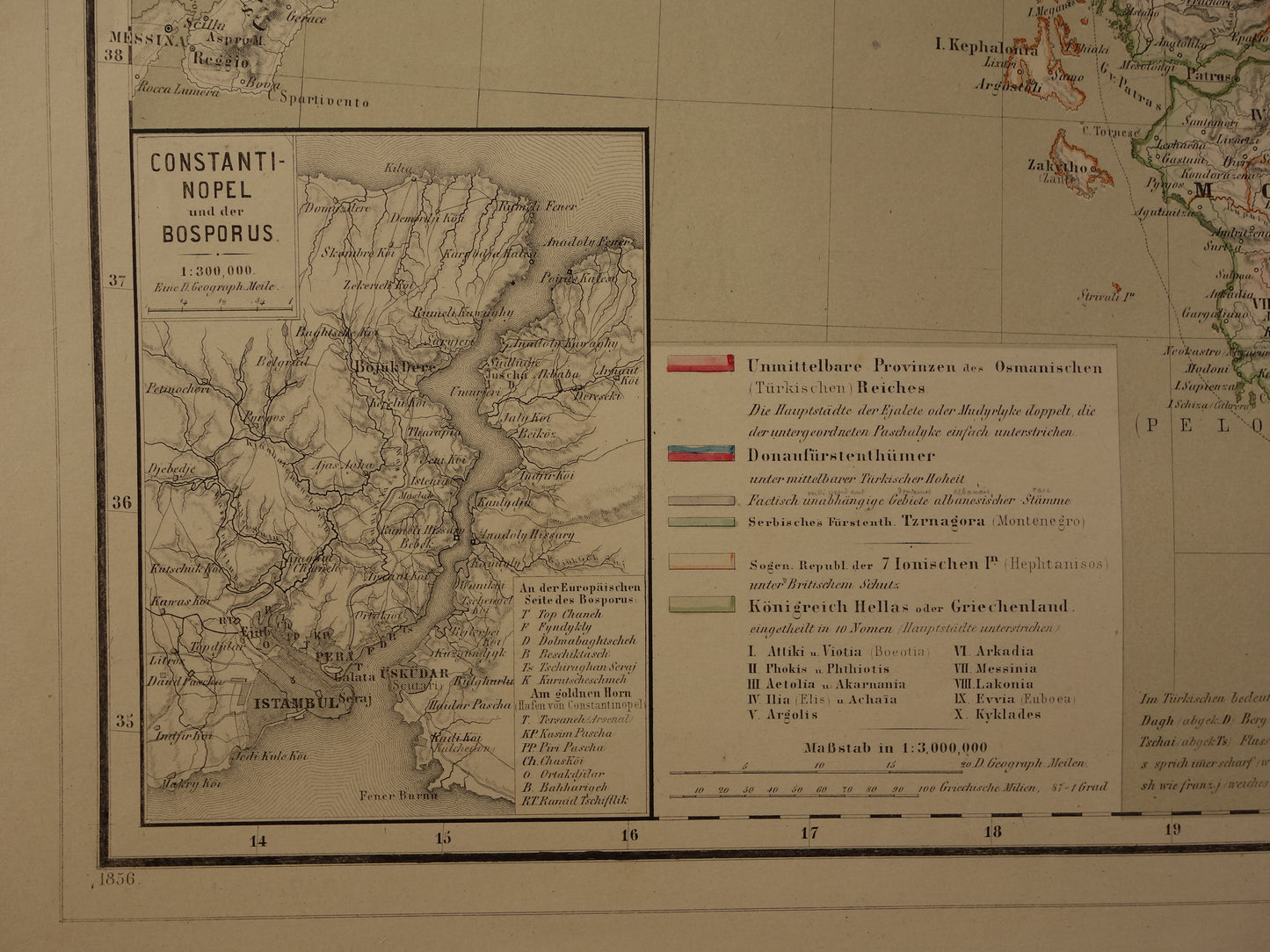 Grote Oude landkaart van de Balkan in 1856 met schade - Antieke kaart Europees Turkije Servië Griekenland handgekleurde vintage landkaarten