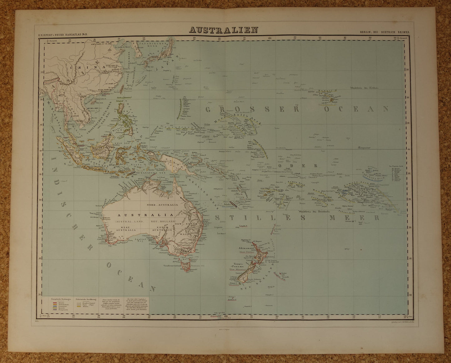 Oude landkaart van Oceanië in 1855 originele antieke grote kaart Australië Indonesië Polynesië handgekleurde vintage landkaarten