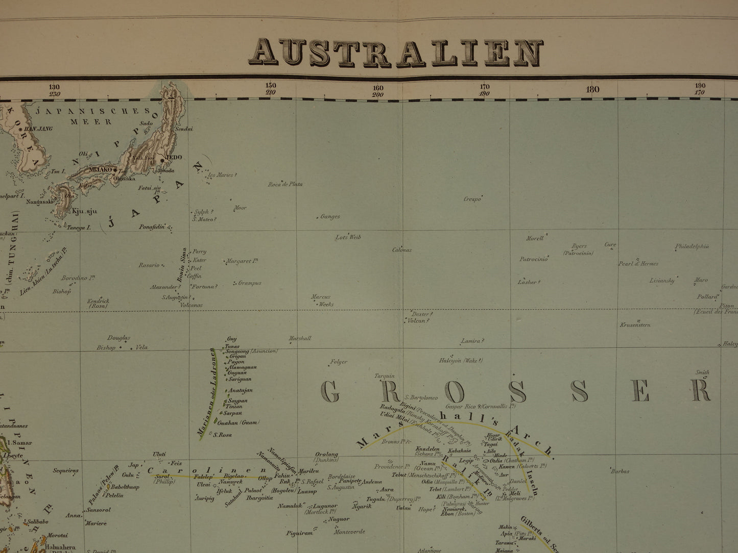Oude landkaart van Oceanië in 1855 originele antieke grote kaart Australië Indonesië Polynesië handgekleurde vintage landkaarten