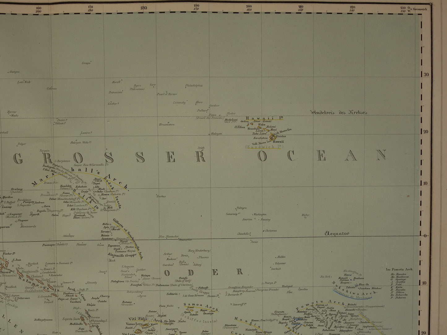 Oude landkaart van Oceanië in 1855 originele antieke grote kaart Australië Indonesië Polynesië handgekleurde vintage landkaarten