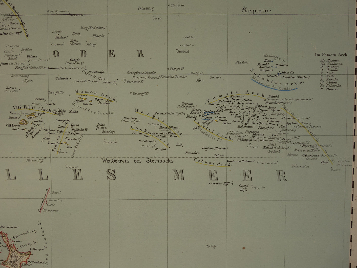 Oude landkaart van Oceanië in 1855 originele antieke grote kaart Australië Indonesië Polynesië handgekleurde vintage landkaarten