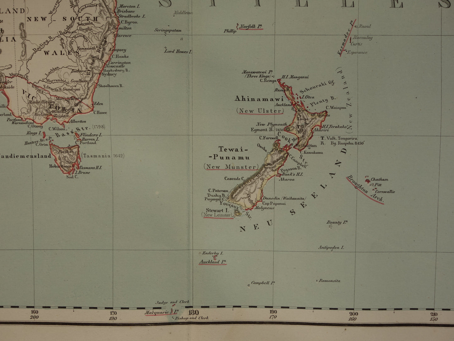 Oude landkaart van Oceanië in 1855 originele antieke grote kaart Australië Indonesië Polynesië handgekleurde vintage landkaarten