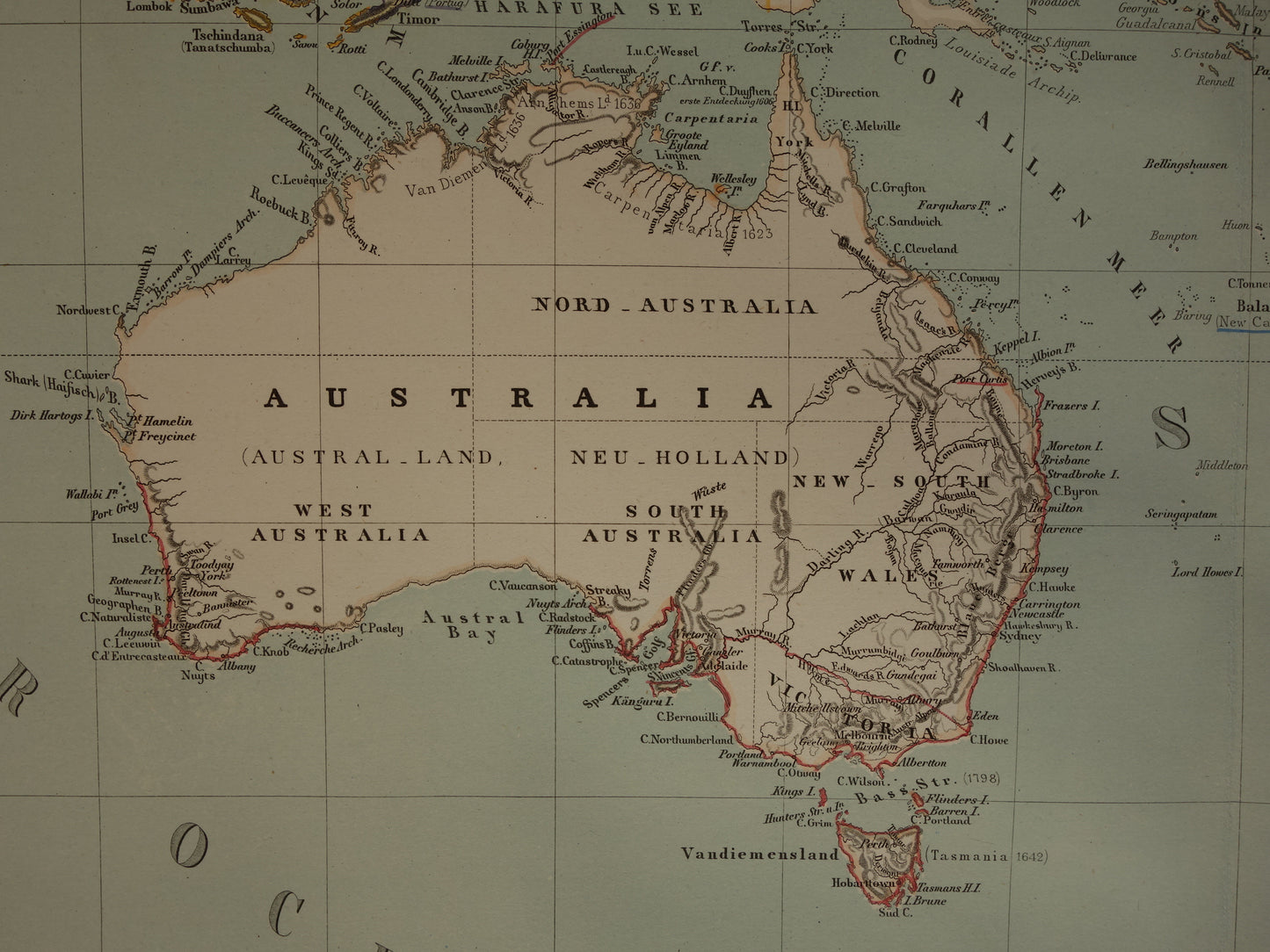 Oude landkaart van Oceanië in 1855 originele antieke grote kaart Australië Indonesië Polynesië handgekleurde vintage landkaarten